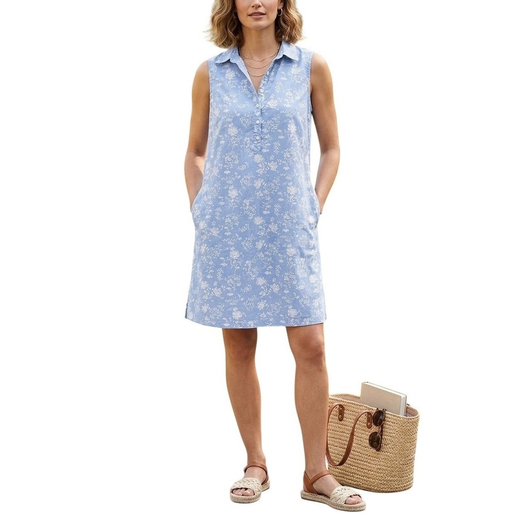 IB Diffusion Womens Blue White Floral Cotton Sleeveless House‎ Dress Pockets L